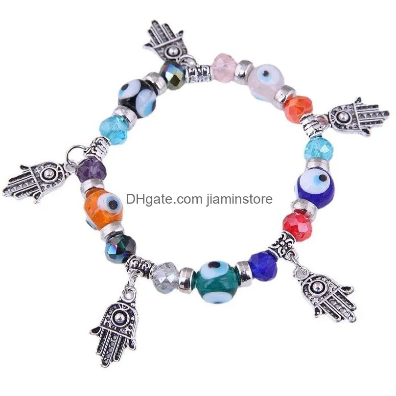 turkey blue evil eye palm chakras bracelets for women men cuff elastic strand beads charms bracelet fashion jewelry