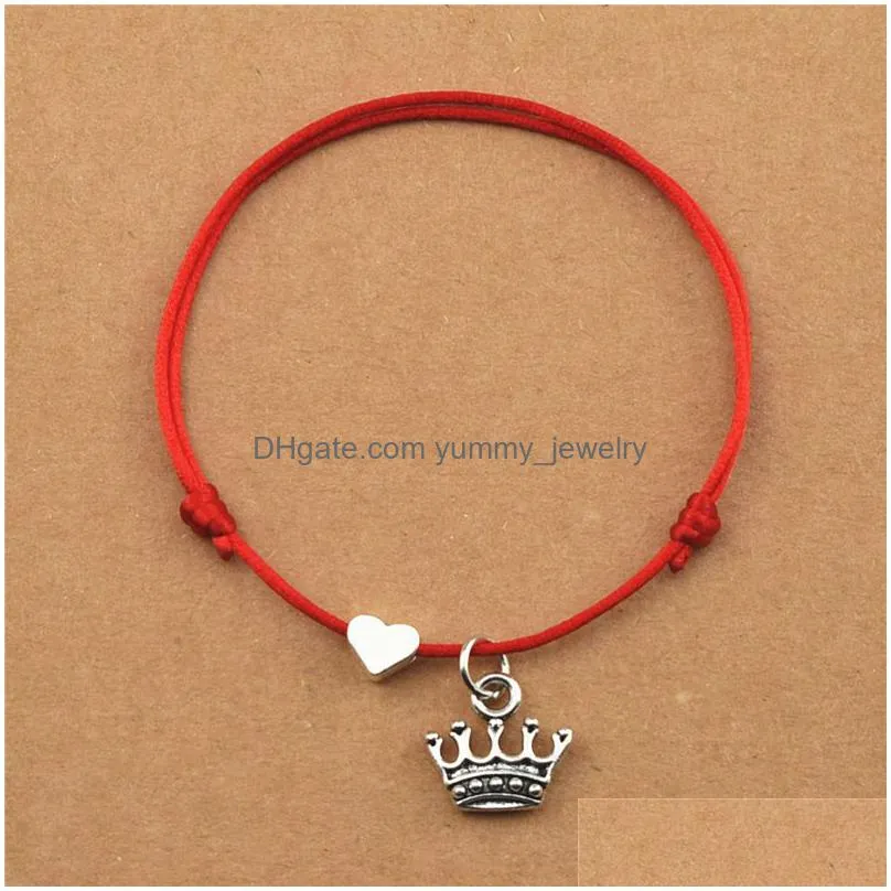 new vintage womens fashion love heart charm king queen princess crown pendant red cord handmade black rope friendship bracelets