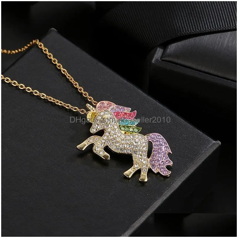 cute cat unicorn pendant necklace for women girls children fashion colorful crystal cartoon animal necklaces jewelry gifts