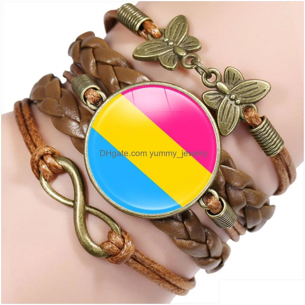 rainbow gay pride lgbt flag glass cabochon charm leather wrap bracelets bangles for women men bracelet jewelry