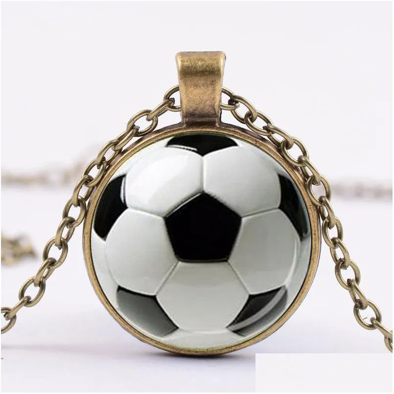 trendy football photo alloy necklace soccer sport glass cabochon pendants 4 colors crystal chain simple gift for boy men