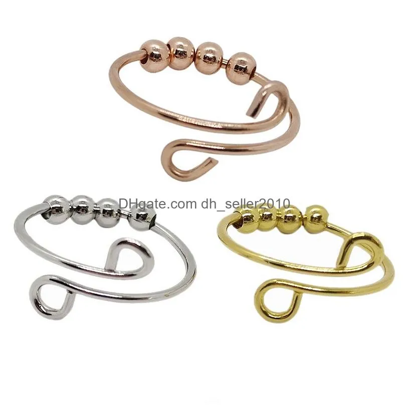 stainless steel rotate beads anxiety band rings adjustable stress relief fidget rings for women men fashion jewelry gift