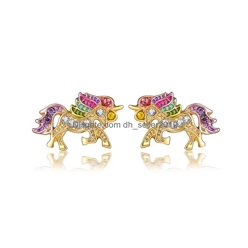 fashion unicorn cat stud earrings women gilrs colorful zircon ear jewelry children accessories