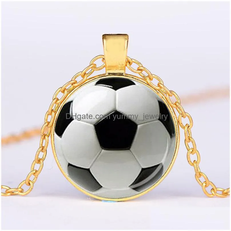 trendy football photo alloy necklace soccer sport glass cabochon pendants 4 colors crystal chain simple gift for boy men
