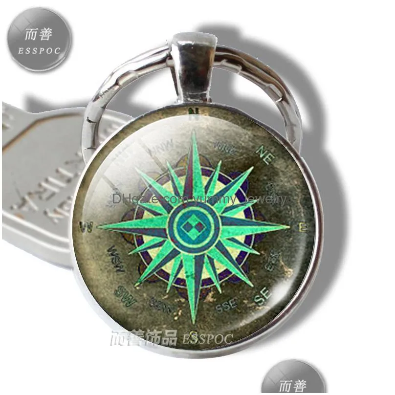 vintage compass key ring box and needle glass cabochon pendant key chain men women fashion accessories travel lovers gifts