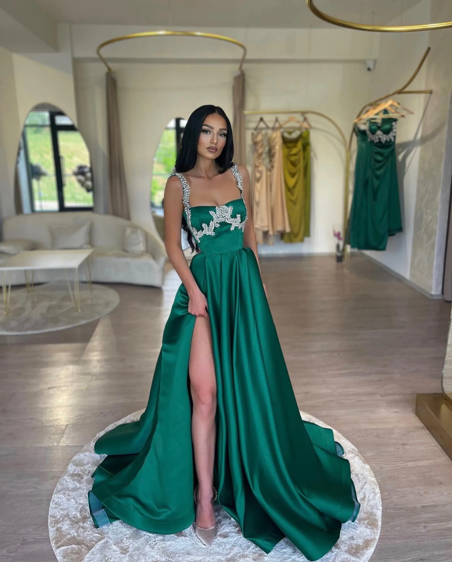 Sexy Emerald Green A Line Prom Dresses Long for Women Spaghetti Straps Beaded Side Split Pleats Draped Party Dress Formal Birthday Pageant Celebrity Evening Gowns