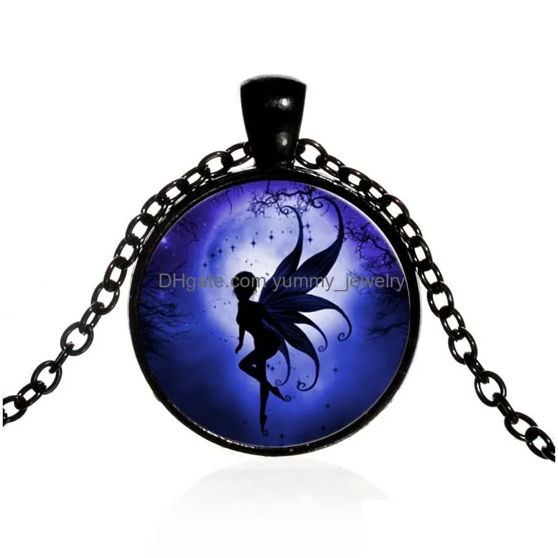 fairy elf with wings pendant necklace beautiful flying elf princess moon glass crystal silver color fashion anime jewelry