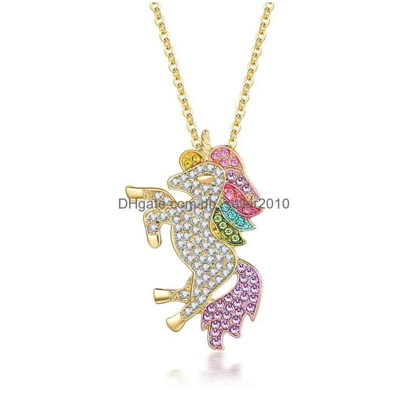 cute cat unicorn pendant necklace for women girls children fashion colorful crystal cartoon animal necklaces jewelry gifts