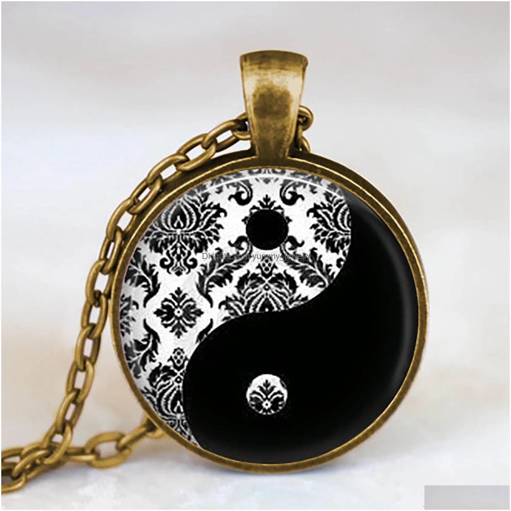 black and white art tai chi glass cabochon pendant yin yang jewelry fashion metal statement necklace for men women birthday gift
