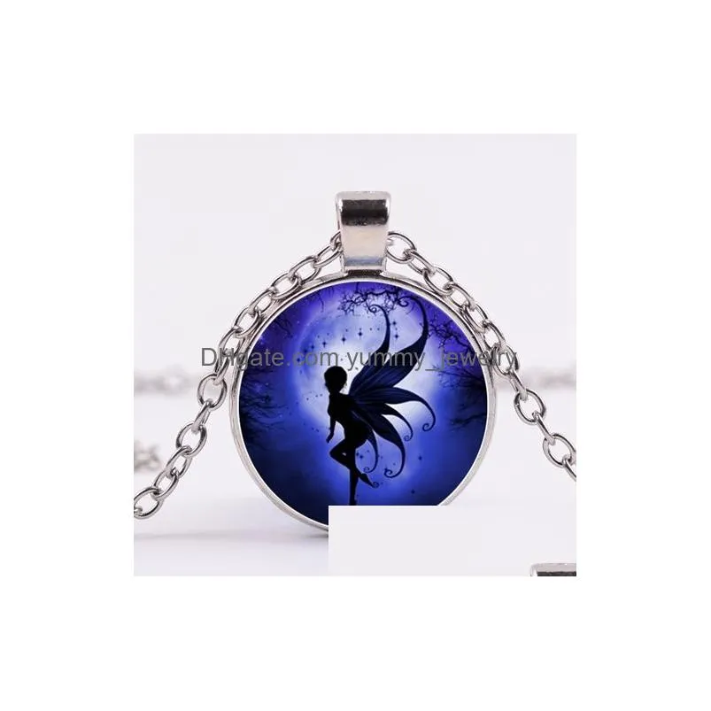 fairy elf with wings pendant necklace beautiful flying elf princess moon glass crystal silver color fashion anime jewelry