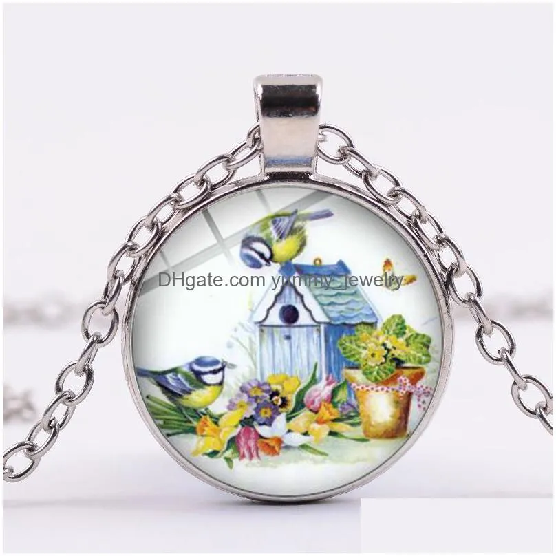 blue hummingbird picking honey necklace colorful bird art flower picture glass dome round pendants lovely animal jewelry