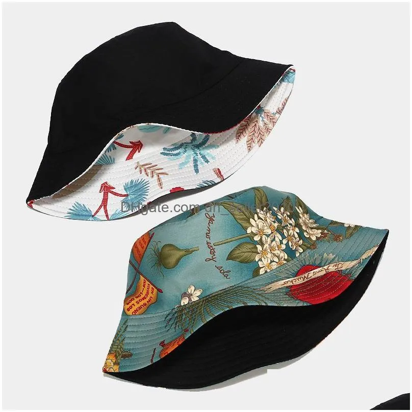 double-sided wear printed tropical plants cap reversible bucket hat summer sun caps for women men