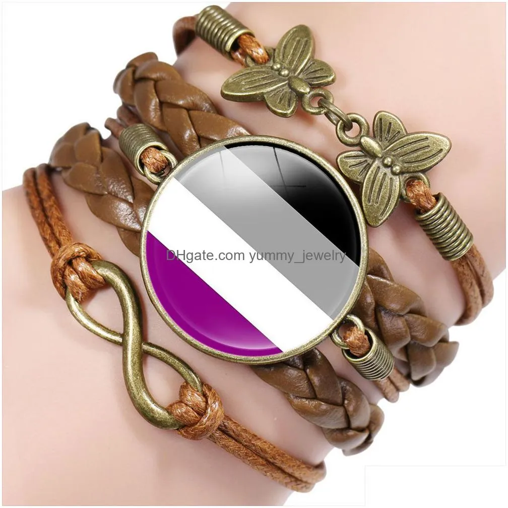 rainbow gay pride lgbt flag glass cabochon charm leather wrap bracelets bangles for women men bracelet jewelry