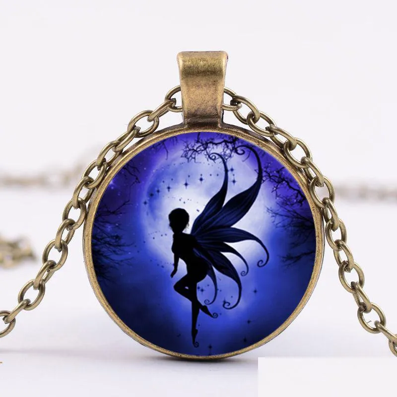 fairy elf with wings pendant necklace beautiful flying elf princess moon glass crystal silver color fashion anime jewelry