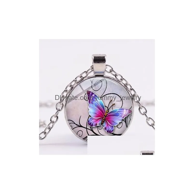 hot blue purple magic butterfly necklace beautiful insect butterfly flowers glass gem long chain pendant handmade jewelry