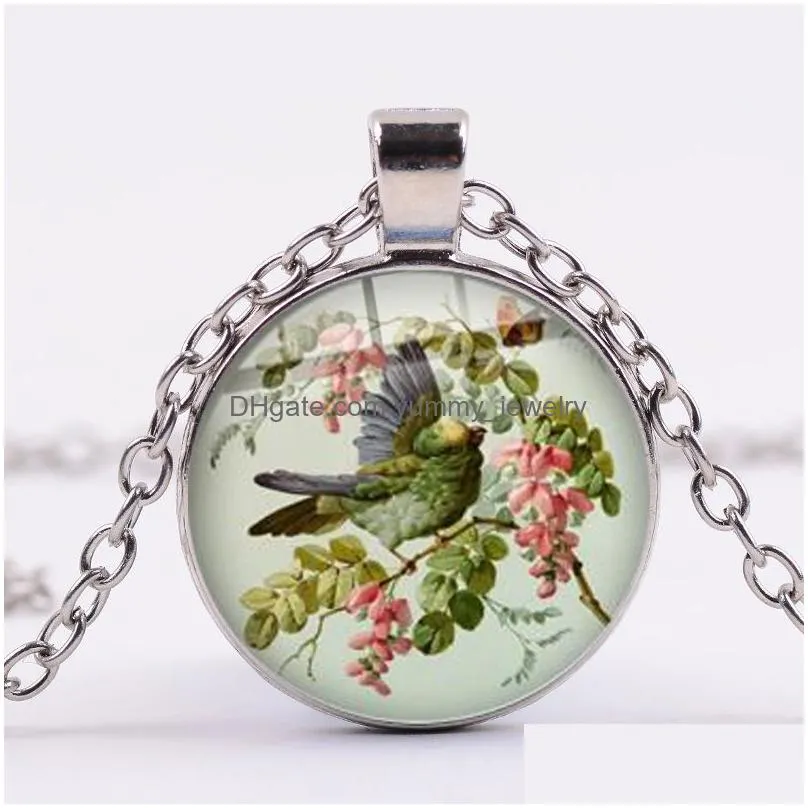 blue hummingbird picking honey necklace colorful bird art flower picture glass dome round pendants lovely animal jewelry