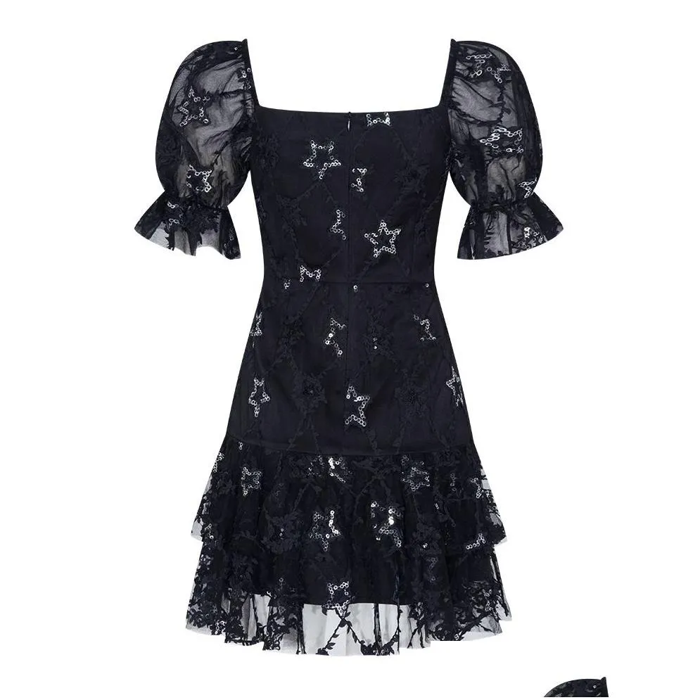 2023 summer black stars embroidery sequins tulle dress short sleeve square neck short casual dresses y3m256679