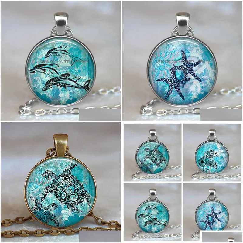 blue ocean starfish turtle  silver color jewelry classic glass cabochon necklace and pendants fashion for women of women