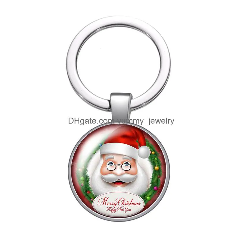 christmas gift santa claus glass cabochon keychain bag car key chain ring holder charms silver keychains for men women gifts