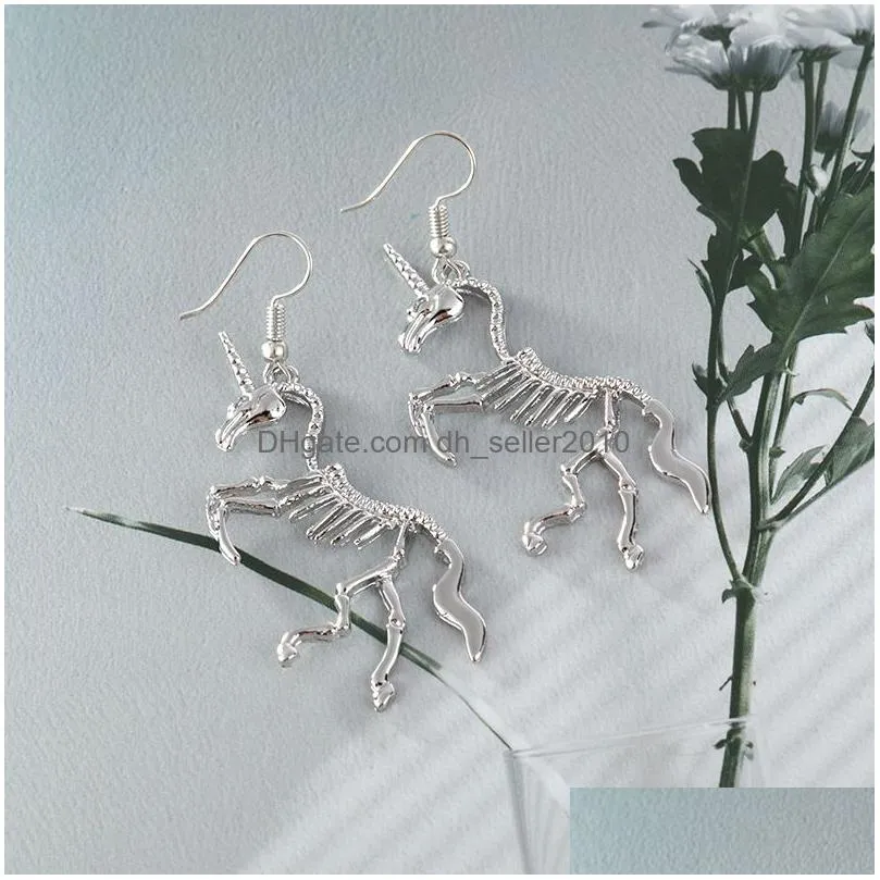 punk cool unicorn skeleton silver color charm dangle earring for women hip hop unique skull drop earrings harajuku trendy jewelry