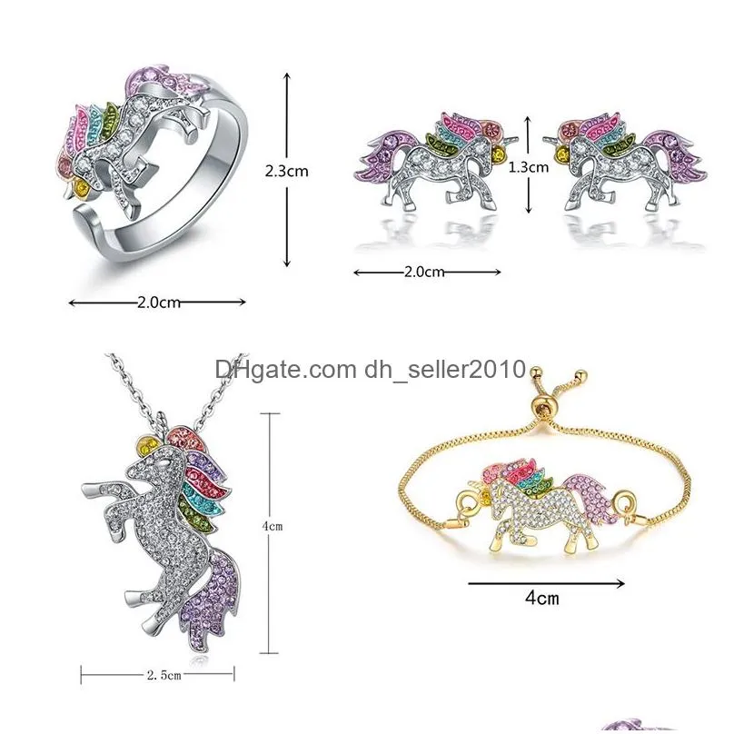 crystal unicorn rings necklace bracelet earrings jewelry set cute cartoon rainbow horse accessories for women