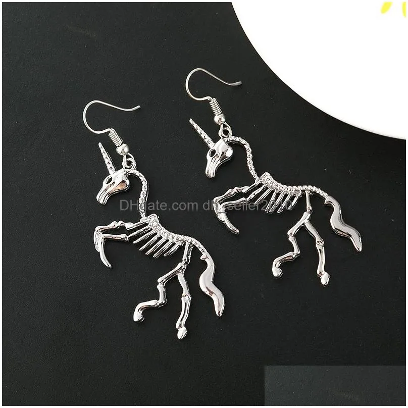 punk cool unicorn skeleton silver color charm dangle earring for women hip hop unique skull drop earrings harajuku trendy jewelry