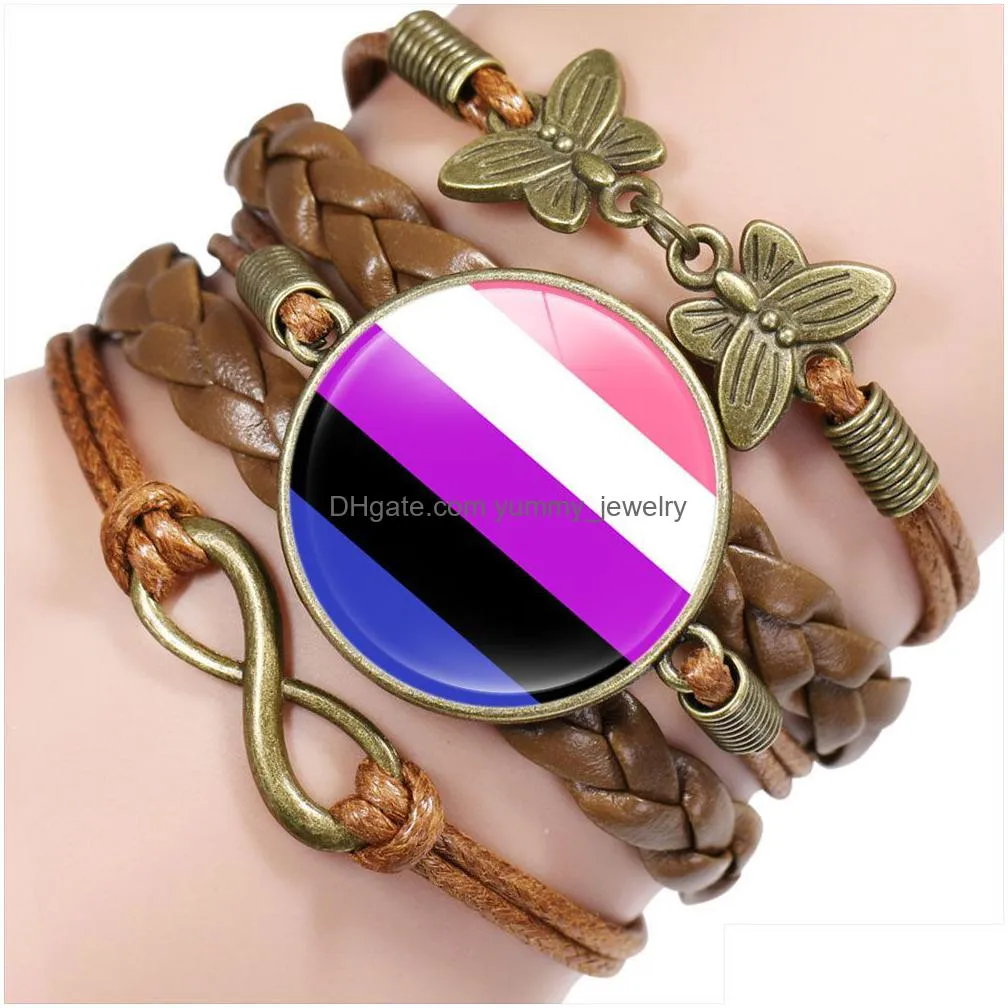 rainbow gay pride lgbt flag glass cabochon charm leather wrap bracelets bangles for women men bracelet jewelry
