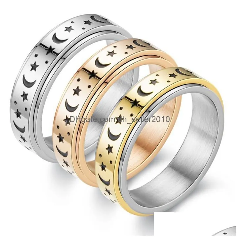 relieving moon star couple band ring for men women fidget rings stainless steel turtle stress rotating ring 6mm