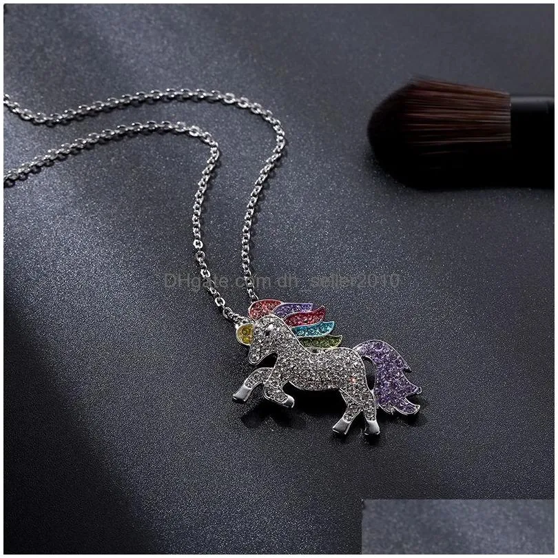 cute cat unicorn pendant necklace for women girls children fashion colorful crystal cartoon animal necklaces jewelry gifts
