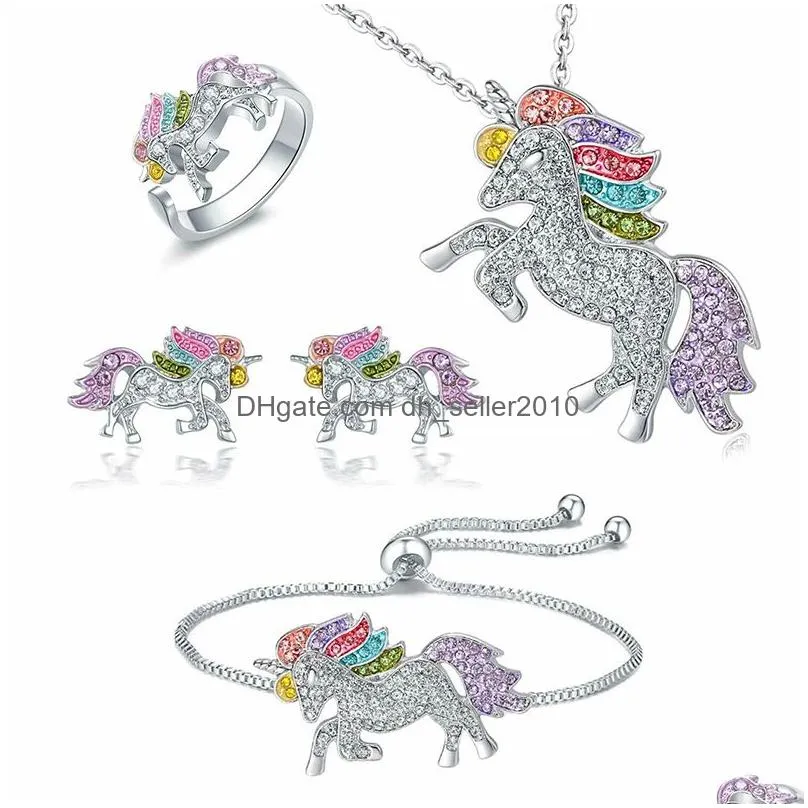 crystal unicorn rings necklace bracelet earrings jewelry set cute cartoon rainbow horse accessories for women