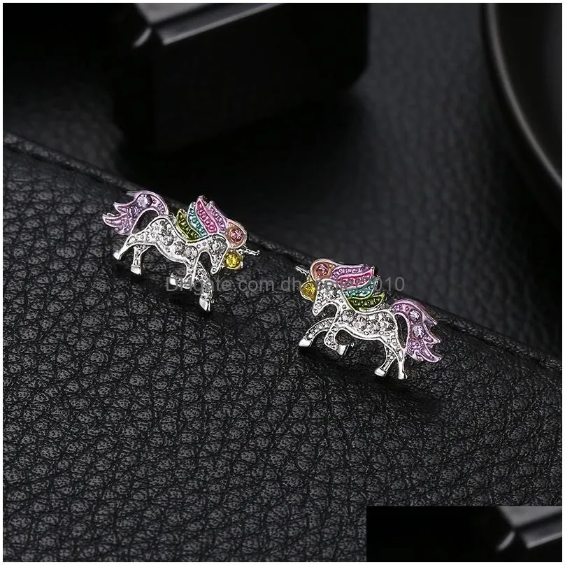 fashion unicorn cat stud earrings women gilrs colorful zircon ear jewelry children accessories