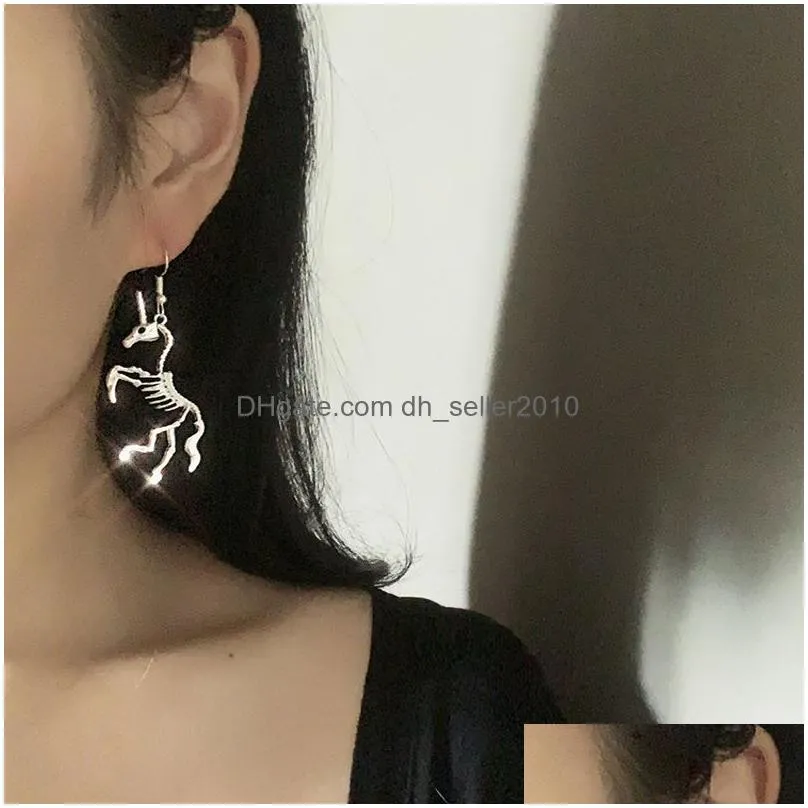 creative hyperbole unicorn skeleton pendants necklaces earrings jewelry set women personality punk alloy unicorns necklace