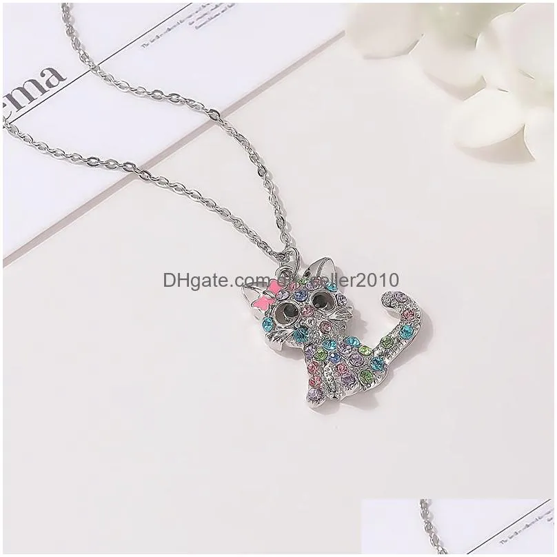 cute cat unicorn pendant necklace for women girls children fashion colorful crystal cartoon animal necklaces jewelry gifts