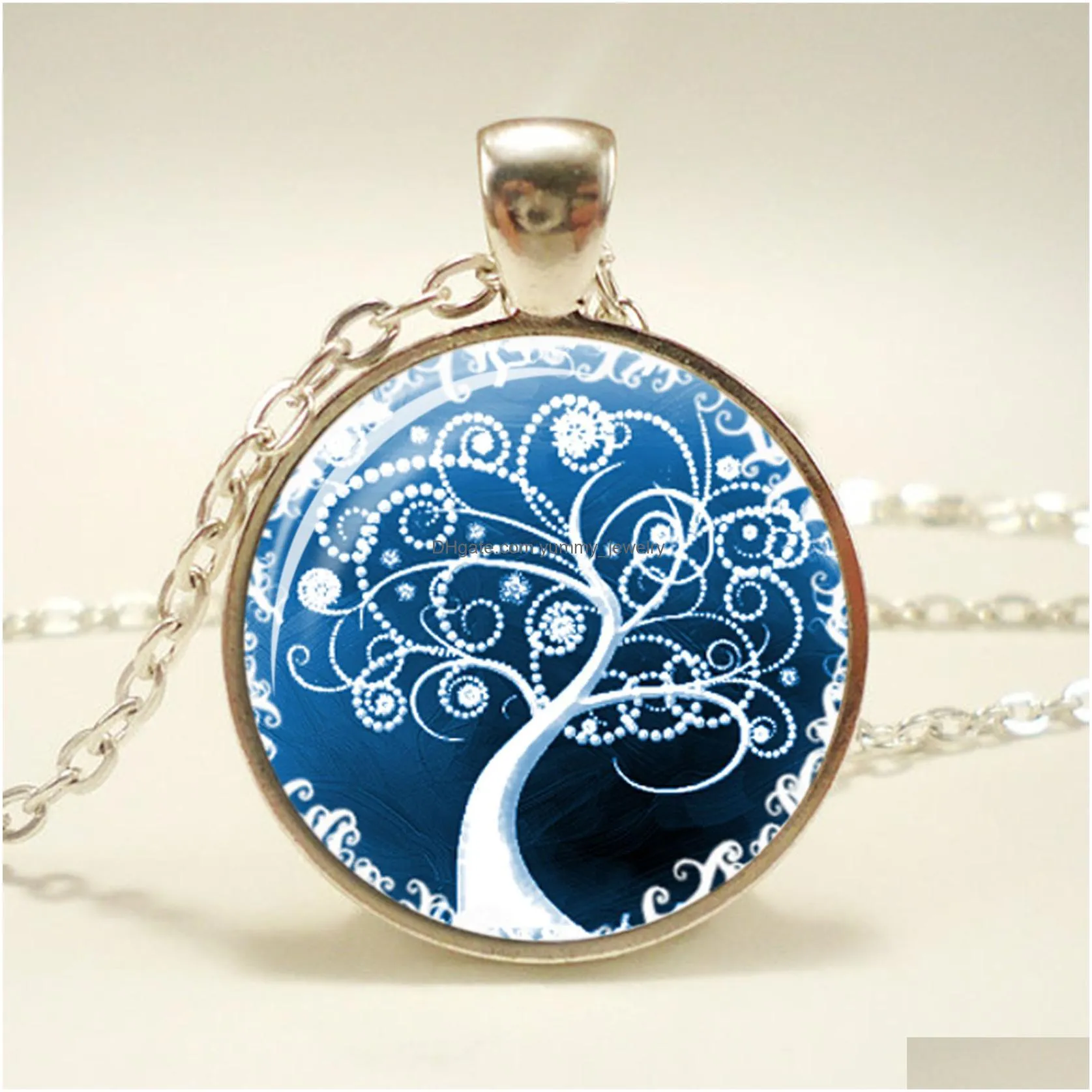 fashion life tree pendant necklace vintage silver color long chain necklace in jewelry classic glass cabochon necklace