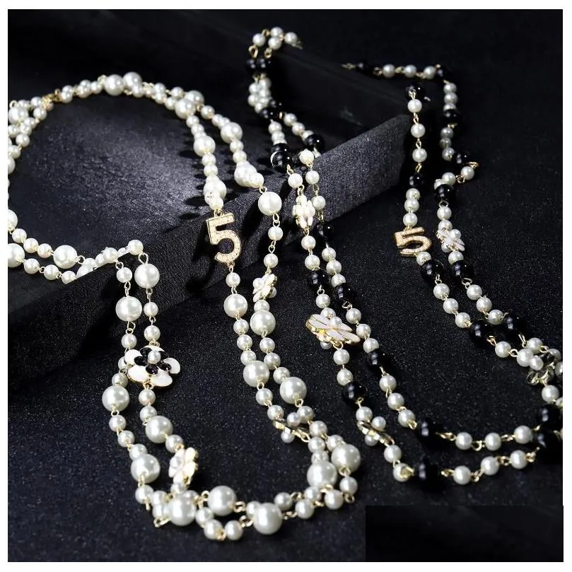 high quality women long pendants layered pearl necklace collares de moda number 5 flower party jewelry gd290