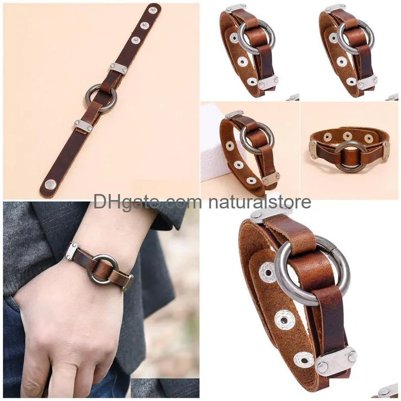 metal o ring leather bangle cuff button adjustable bracelet wristand for men women fashion jewelry