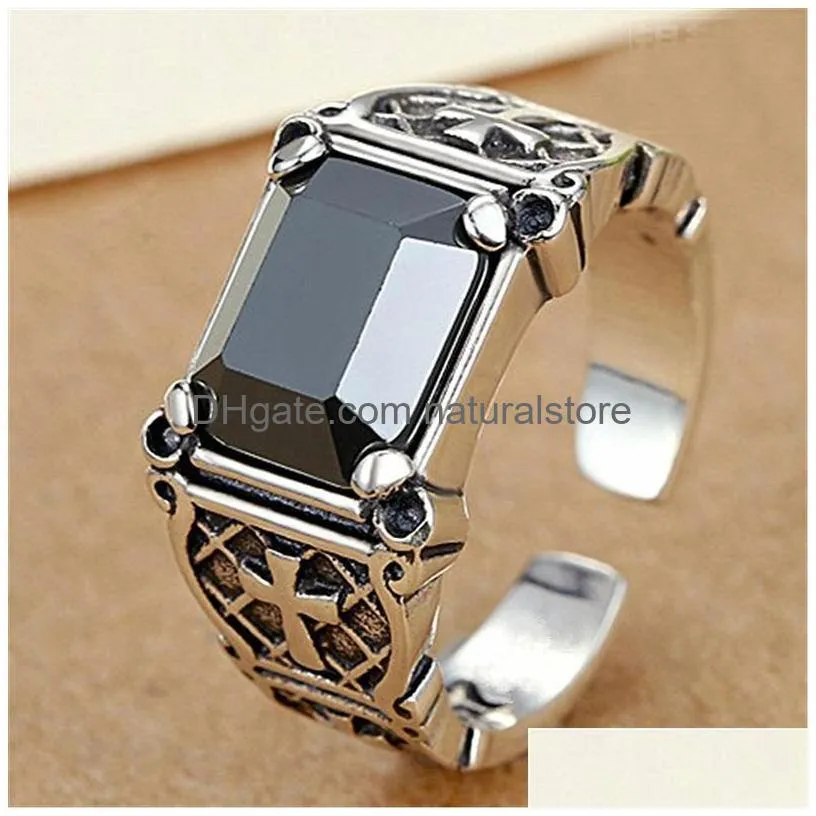 ancient silver jesus cross black agate ring band finger retro open adjustable diamond rings men fashion jewelry will and sandy