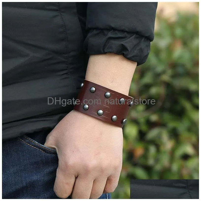 punk rivet wide leather bangle cuff wrap button adjustable bracelet wristand for men women fashion jewelry