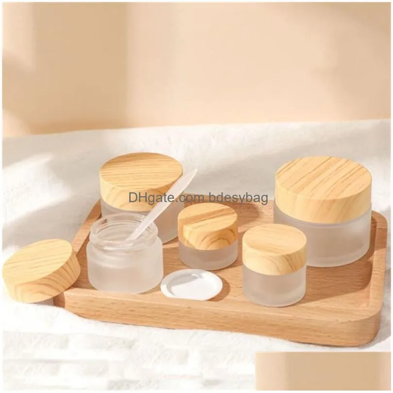 frosted glass jar skin care eye cream jars refillable bottle cosmetic container pot with plastic wood grain lids