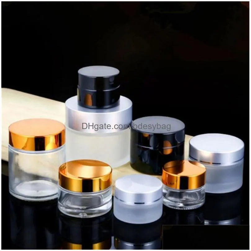 5g 10g frosted glass bottle cosmetic empty jar pot makeup face cream container with black silver gold color lid and inner pad packing