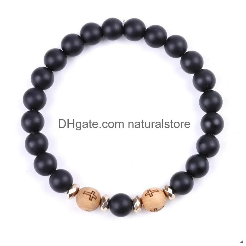 fashion cross wooden beads bracelet charm black agate bracelets bangle cuff for women men jewelry will and sandy