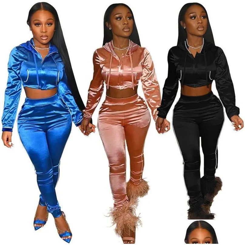 womens two piece pants satin tracksuit women 2 set sportwear hooded crop top and pencil sweat suit joggers casual matching sets