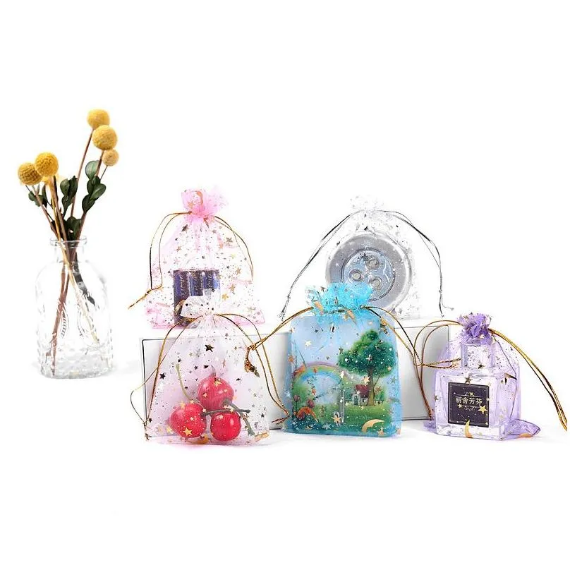 drawstring pouches bags for jewelry organza pouch gold moon star transparent mesh wedding christmas gifts package portable storage bag necklace ring