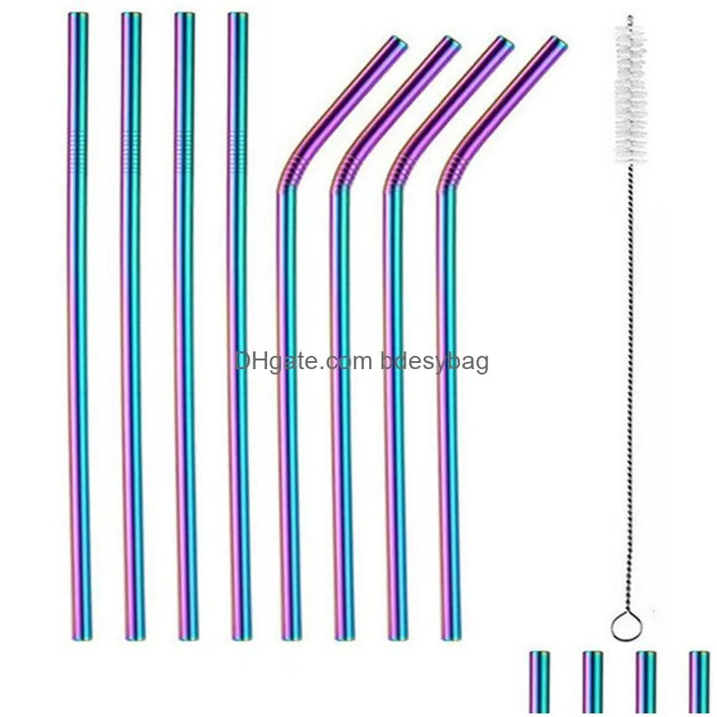 6x215mm colorful stainless steel straws reusable straight and bent metal drinking straw cleaning brush for home kitchen bar