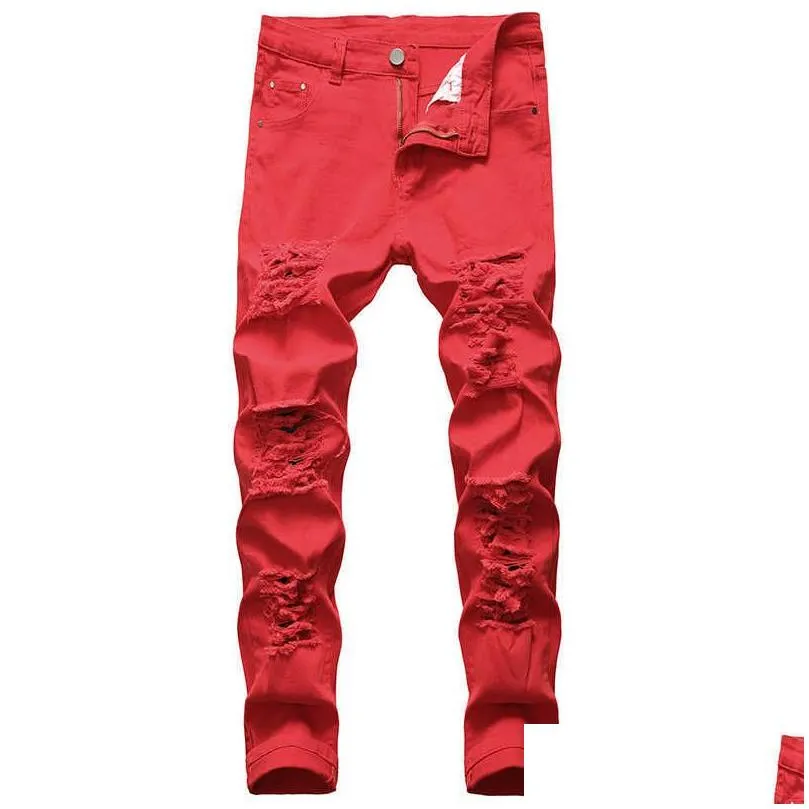 men ripped jeans white red black stretch slim fit spring autumn denim pants distressed hip hop streetwear biker jeans pants x0621