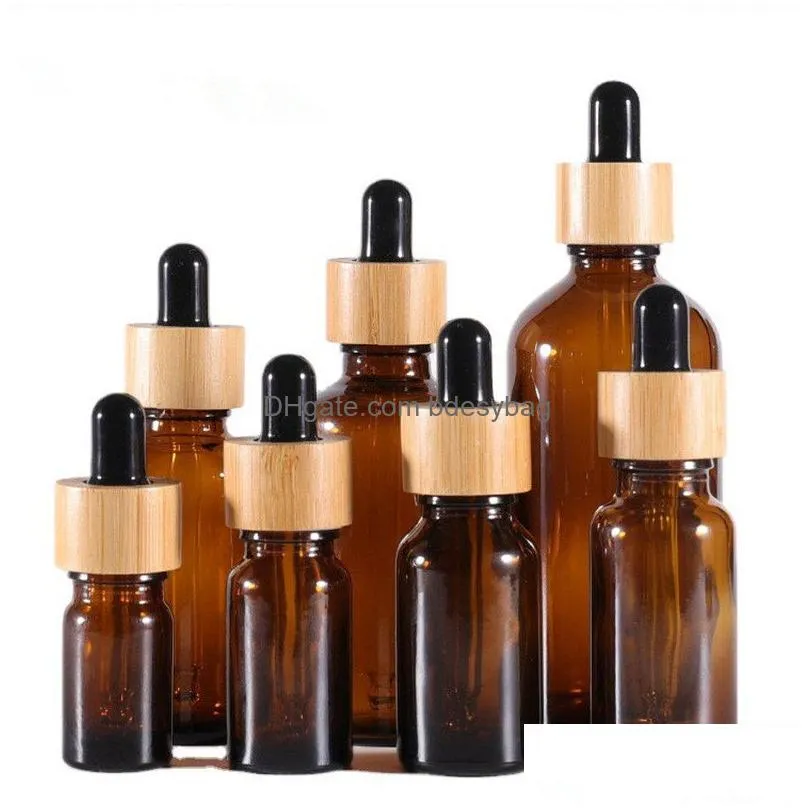 amber glass dropper bottle with bamboo lids essential oils bottles sample vials for perfume cosmetic liquids 15ml 20ml 30ml 50ml 100ml