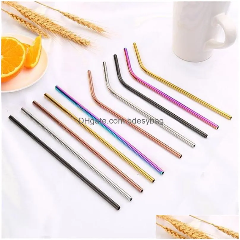 6x215mm colorful stainless steel straws reusable straight and bent metal drinking straw cleaning brush for home kitchen bar