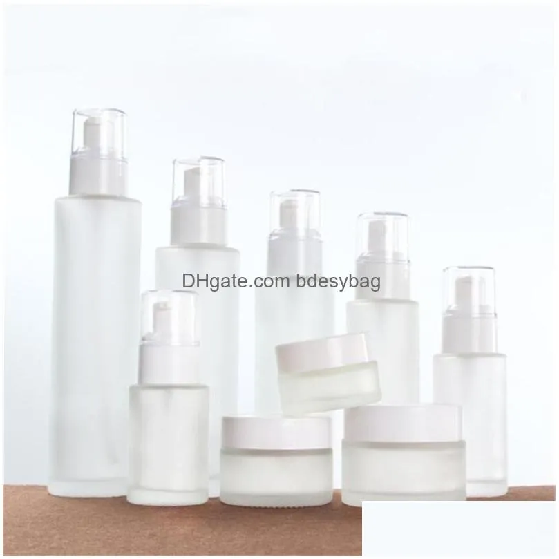 20ml 30ml 40ml 60ml 80ml 100ml 120ml frosted glass cosmetic bottle face cream jar refillable empty pump bottles lotion spray cosmetics sample storage