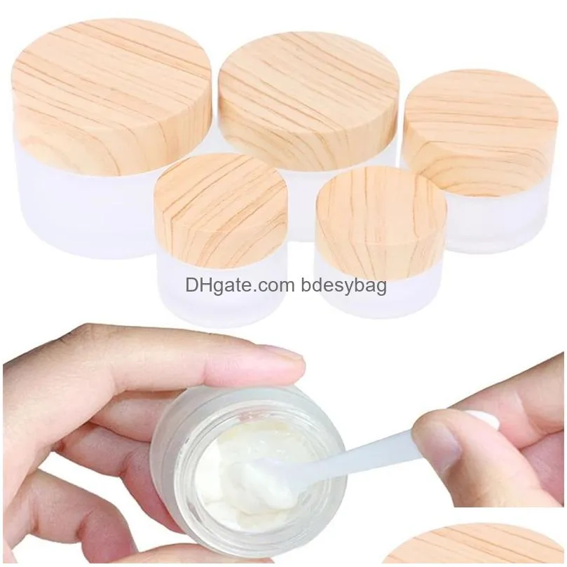 frosted glass jar skin care eye cream jars refillable bottle cosmetic container pot with plastic wood grain lids