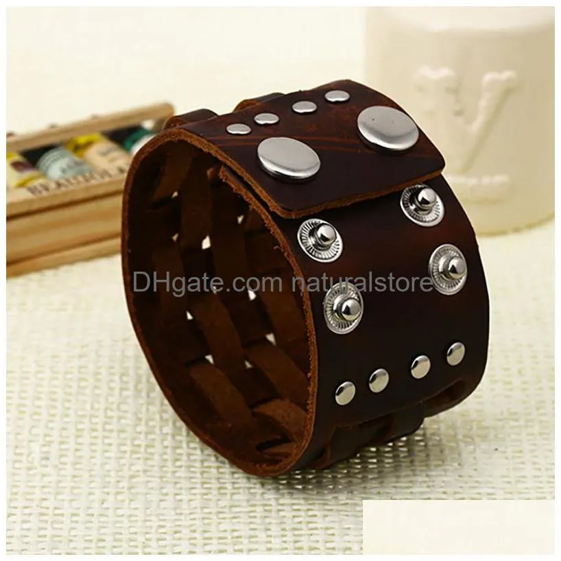 wide leather square knit bangle cuff button adjustable bracelet wristand for men women fashion jewelry